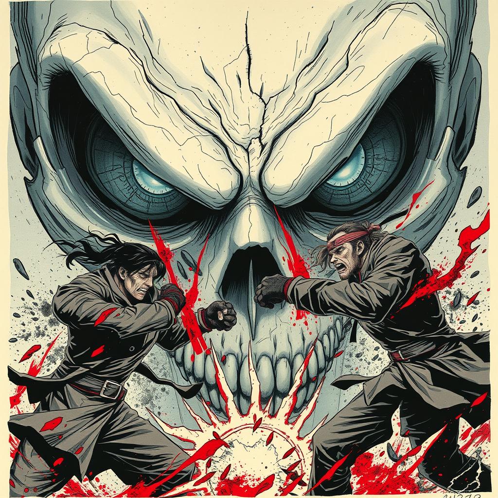 A haunting image showcasing the shattered eyes of an undead creature, vividly reflecting the chaos of a bloody fight between two combatants in the foreground