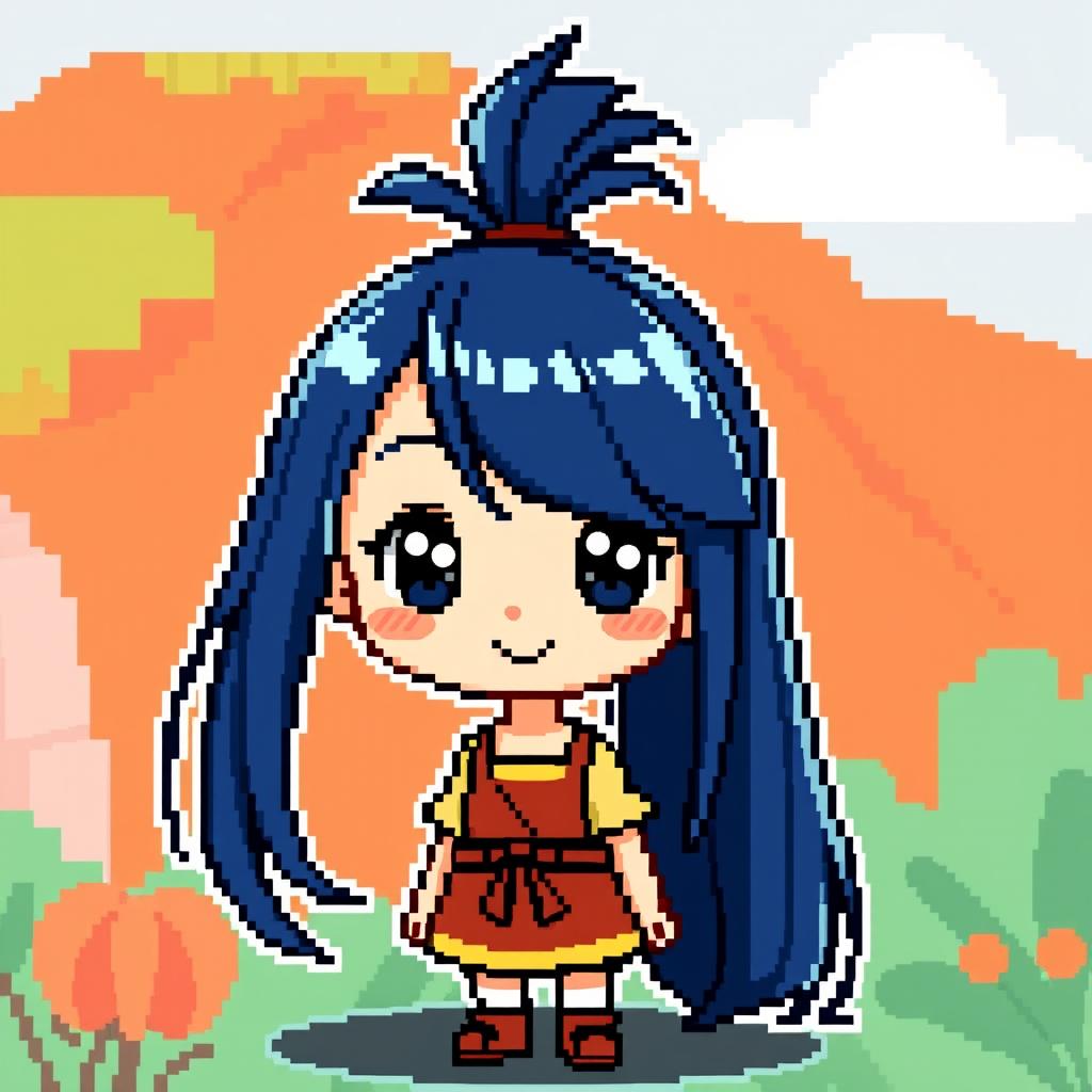 A charming pixel art illustration of a girl with long, dark blue hair styled in a high ponytail