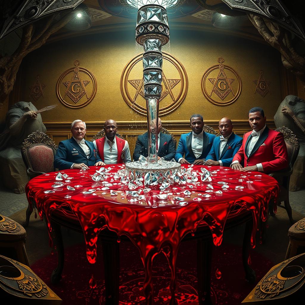 In a captivating underground scene, a sparkling crystal fountain nearly overflowing with a deep crimson liquid symbolizes blood
