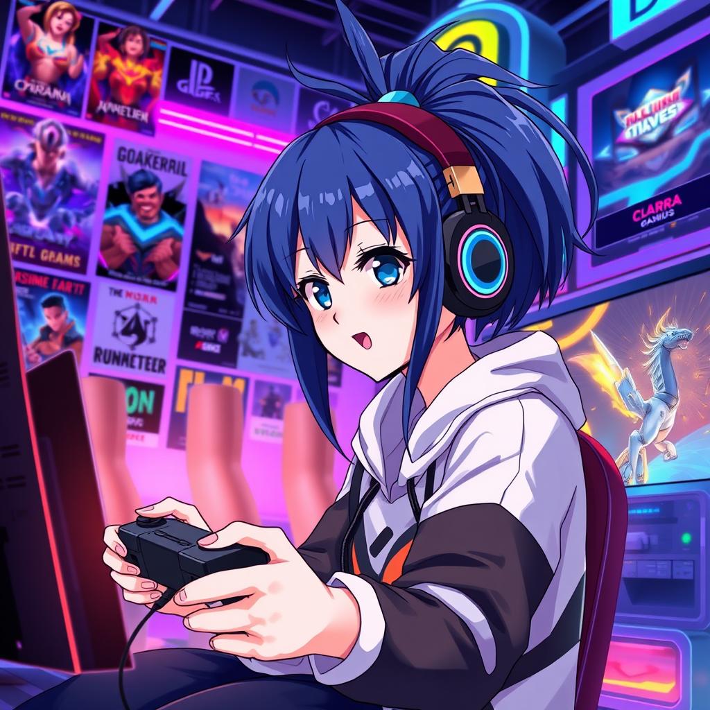 An anime-style illustration of a girl gamer with long, dark blue hair styled in a high ponytail