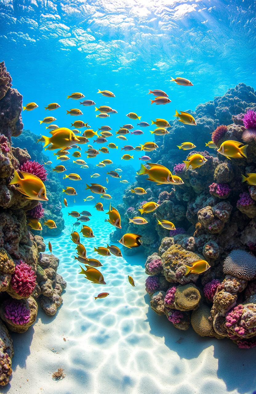 A vibrant underwater scene featuring an array of colorful fish species swimming amongst coral reefs