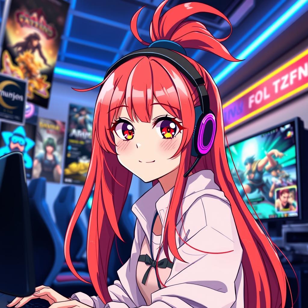 An anime-style illustration of a girl gamer with long, bright red hair styled in a high ponytail