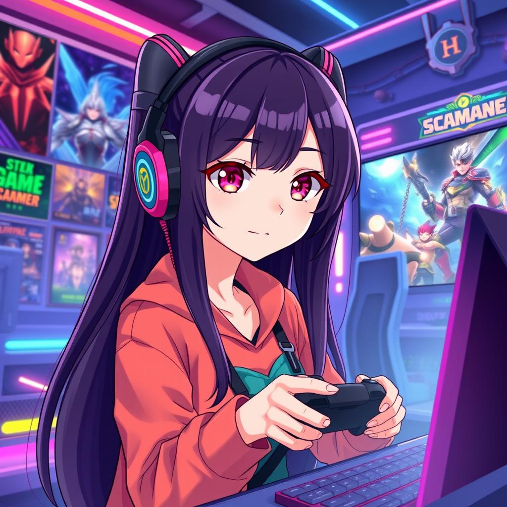 An anime-style illustration of a girl gamer with long, sleek black hair styled in high pigtails (xuxinha)