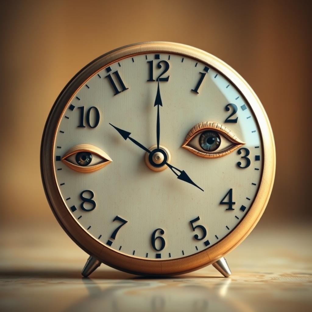 A surreal and imaginative representation of time, featuring a creatively designed, flattened clock as the central focus