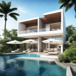 A two-story beach view villa set in terracing contour, with total land and building area of 100m2 and 60m2 per floor respectively. Features include an infinity pool and carport on the second floor, living rooms on both floors, and a 2nd-floor balcony.