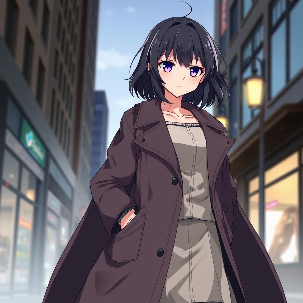 An anime-style illustration of a girl wearing a long layered coat, reflecting a stylish and fashionable look