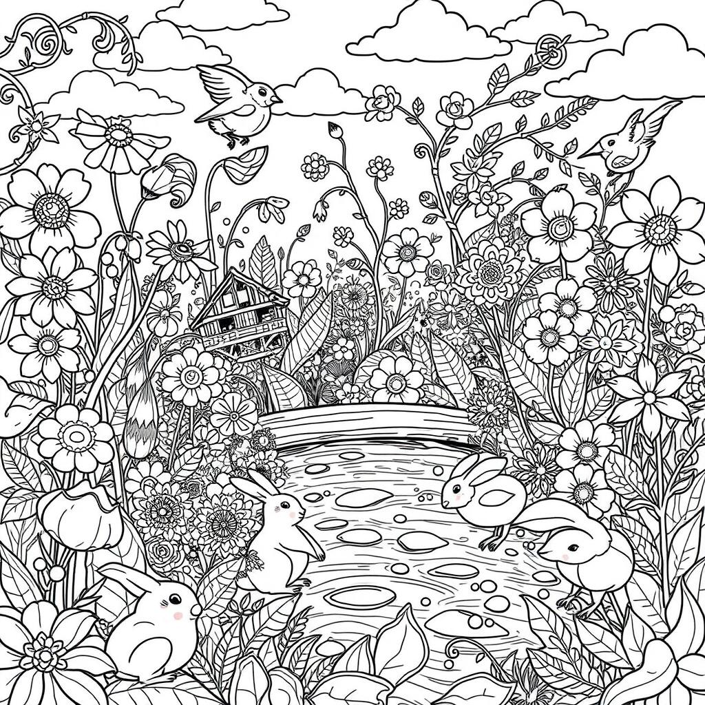 A whimsical and intricate black and white line art illustration suitable for a coloring book, featuring a fantastical garden scene filled with oversized flowers, swirling vines, and playful animals like rabbits and birds