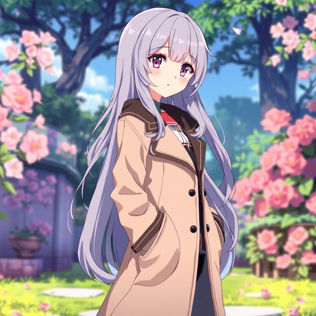 An anime-style illustration of a girl with long, layered hair, wearing a stylish long coat