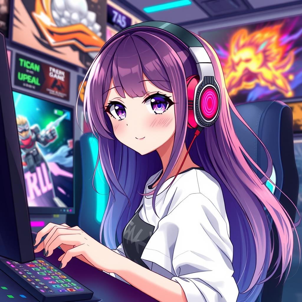 An anime-style illustration of a girl gamer wearing stylish headphones and displaying long, flowing hair