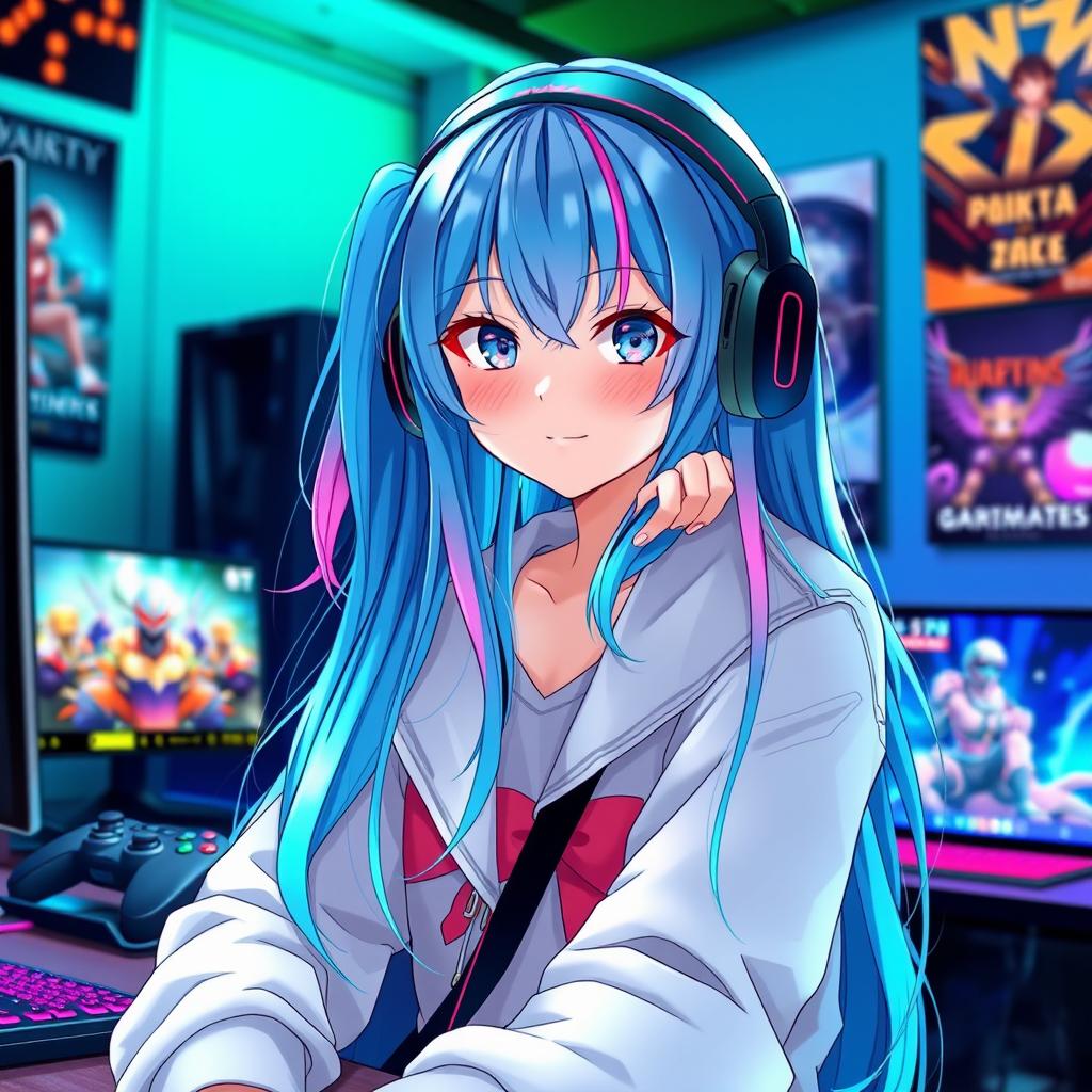 A girl with long blue hair and pink highlights, styled in a fashionable way, representing an anime gamer aesthetic