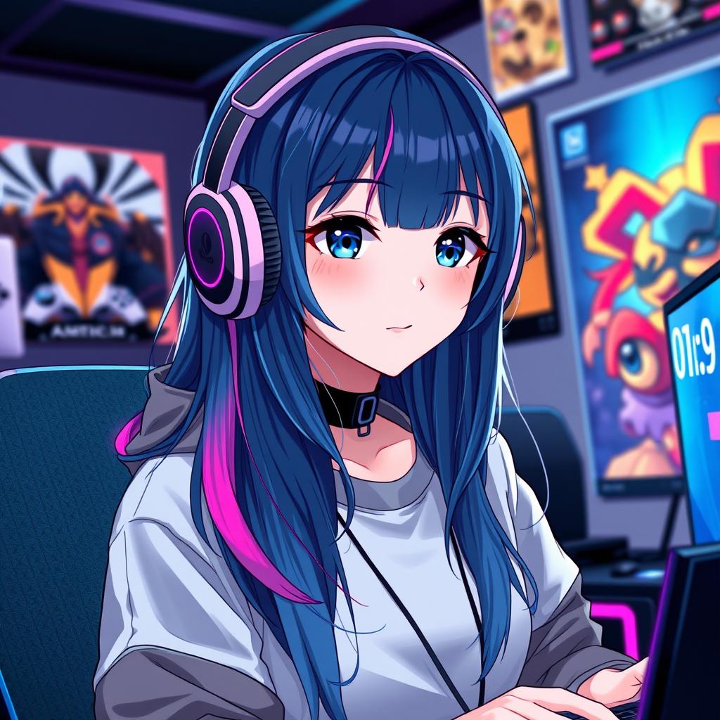A girl with long dark blue hair and pink highlights, styled uniquely to reflect the anime gamer aesthetic