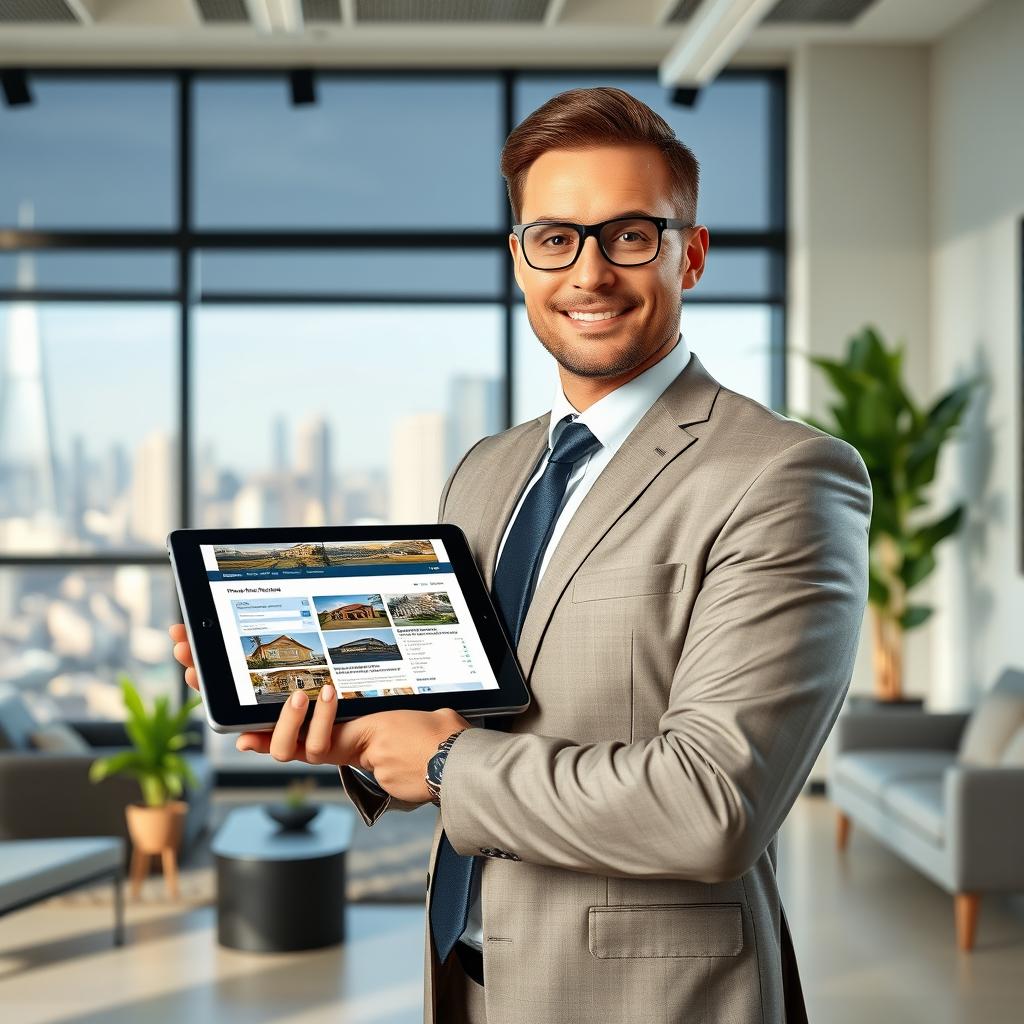A professional real estate agent showcasing a modern office environment with stylish decor