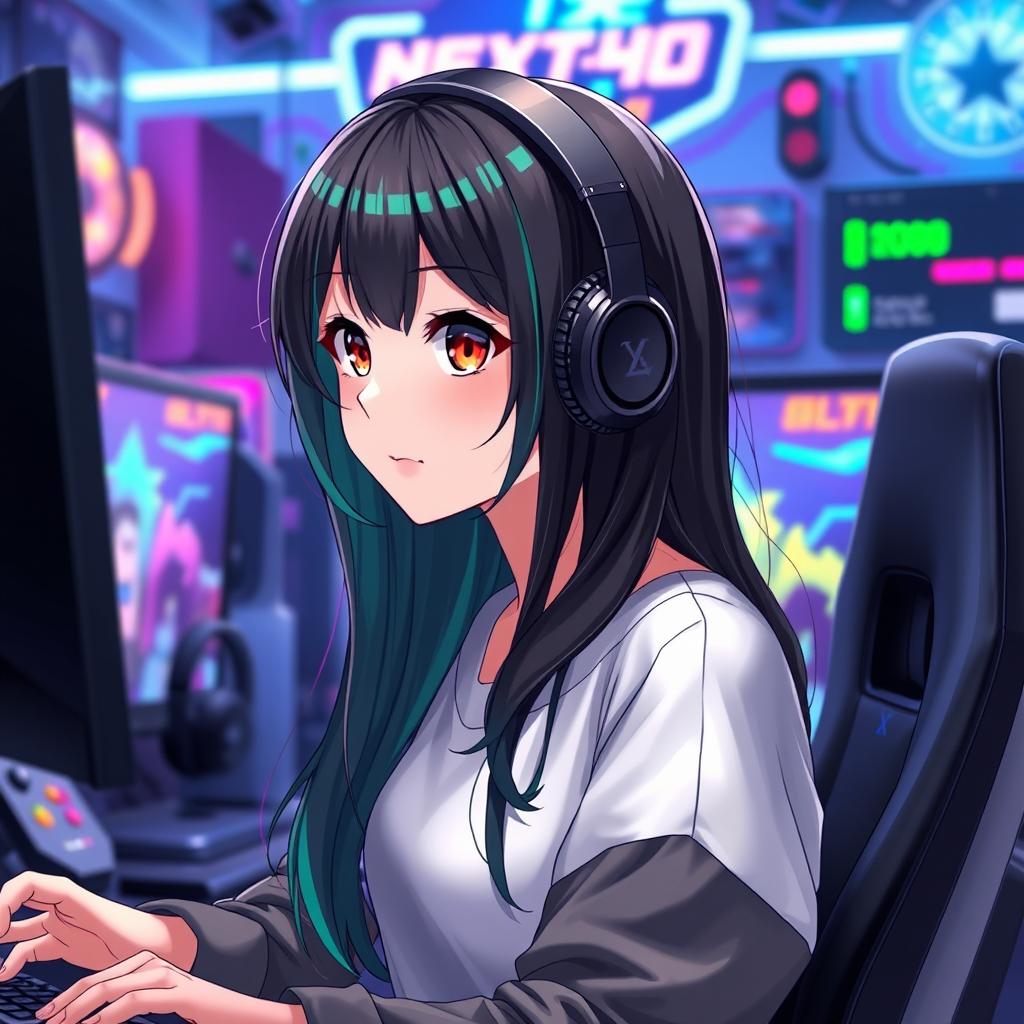 A girl with long black hair adorned with dark green highlights, embodying the anime gamer aesthetic