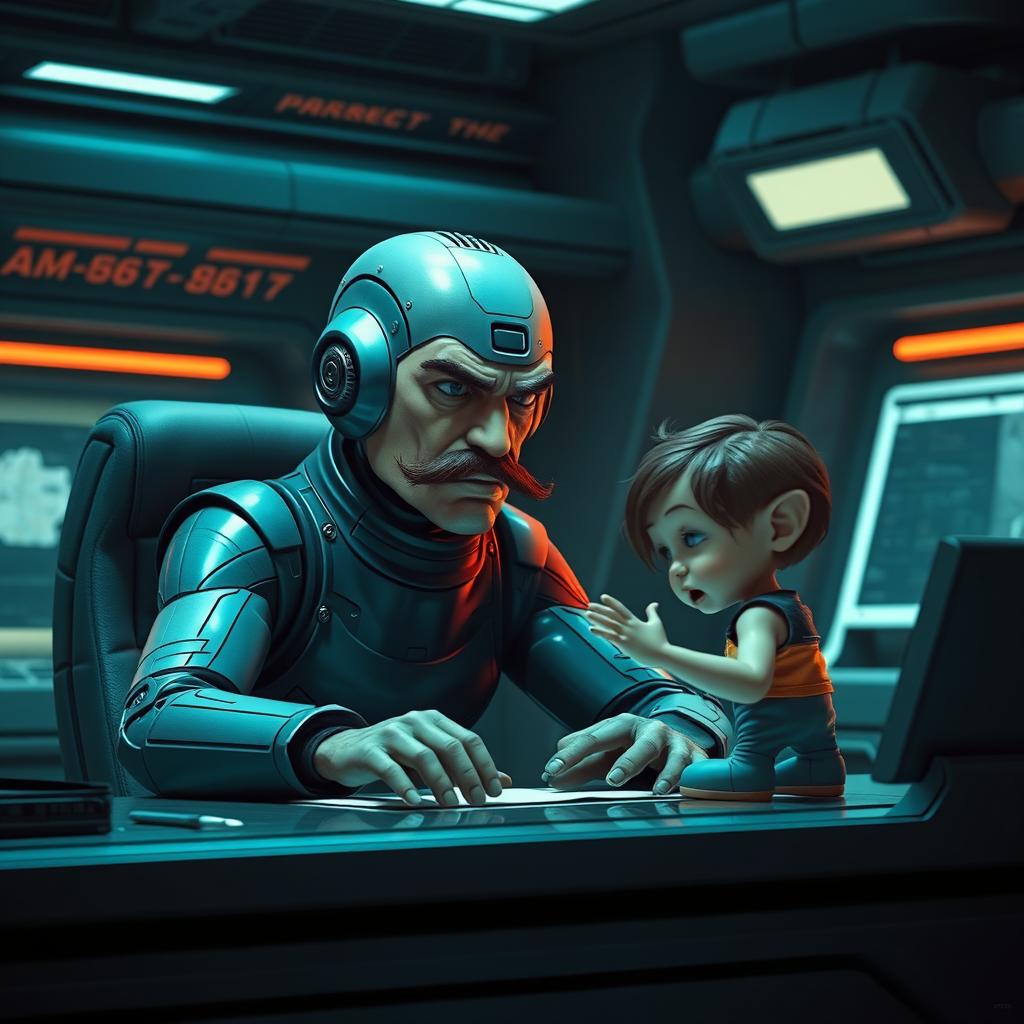 A tense and dramatic scene depicting AM-67, a humanoid figure, at a futuristic desk, radiating frustration as he converses with a small, humanoid child