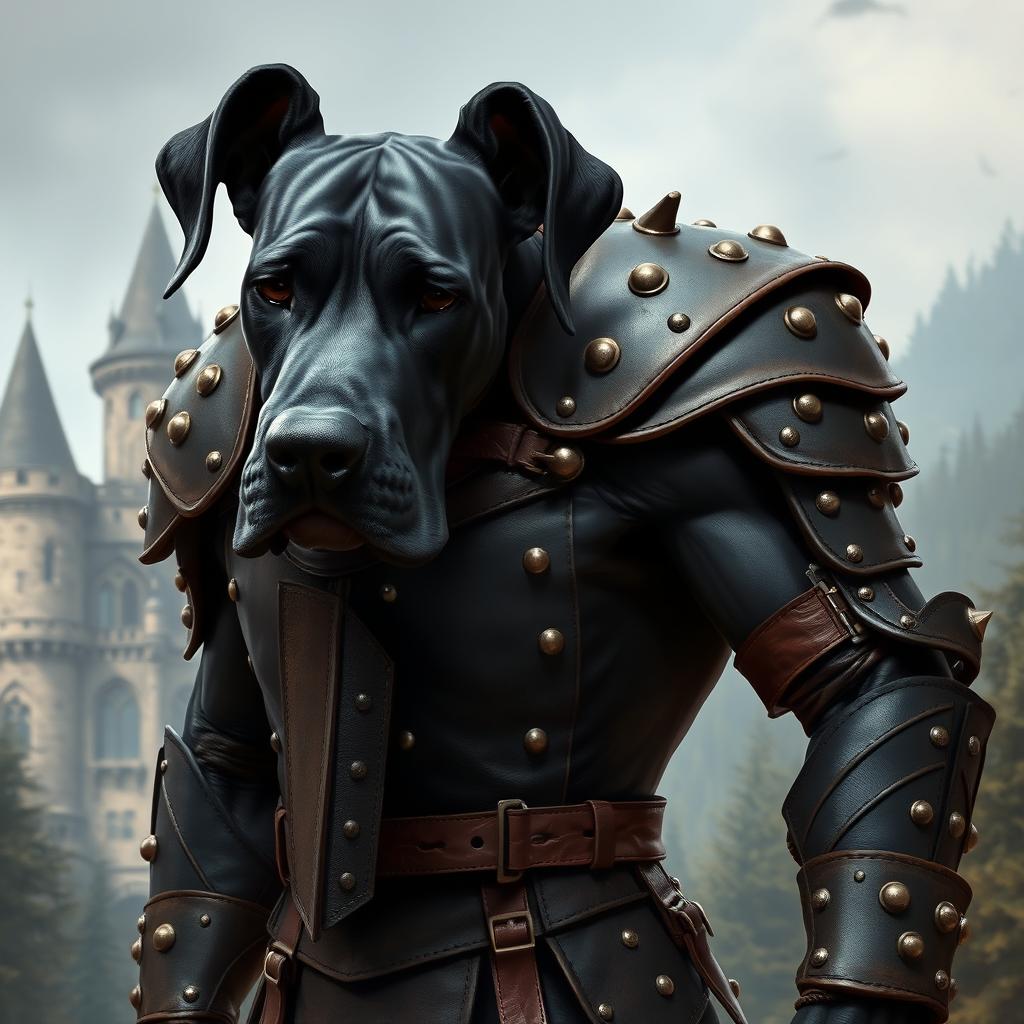 A humanoid Great Dane with sleek black fur and striking black eyes, standing confidently in an impressive suit of studded leather armor