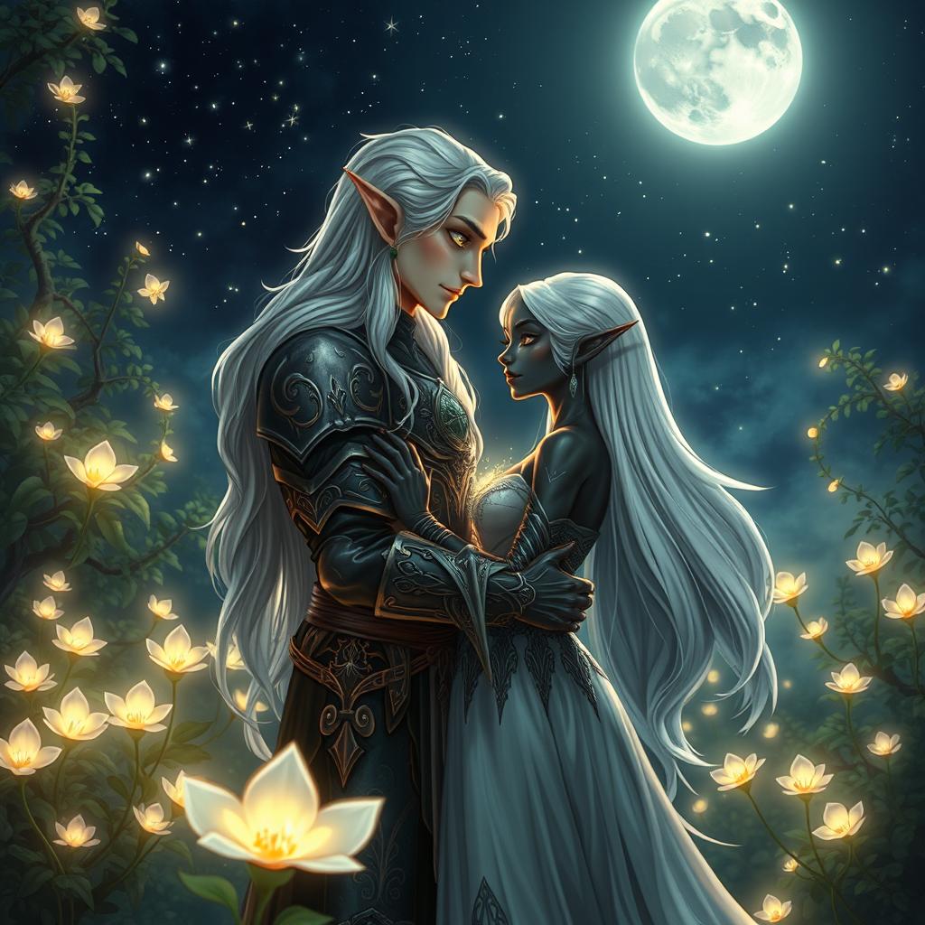 A charming and romantic scene featuring a male high elf and a female drow couple embracing under a starry night sky