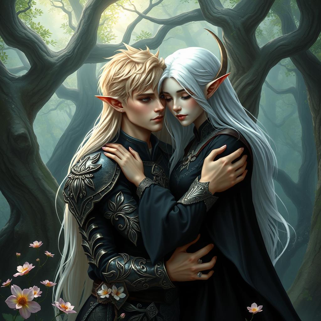A male high elf with short blond hair and a female drow with long white hair warmly embracing each other in a mystical forest setting