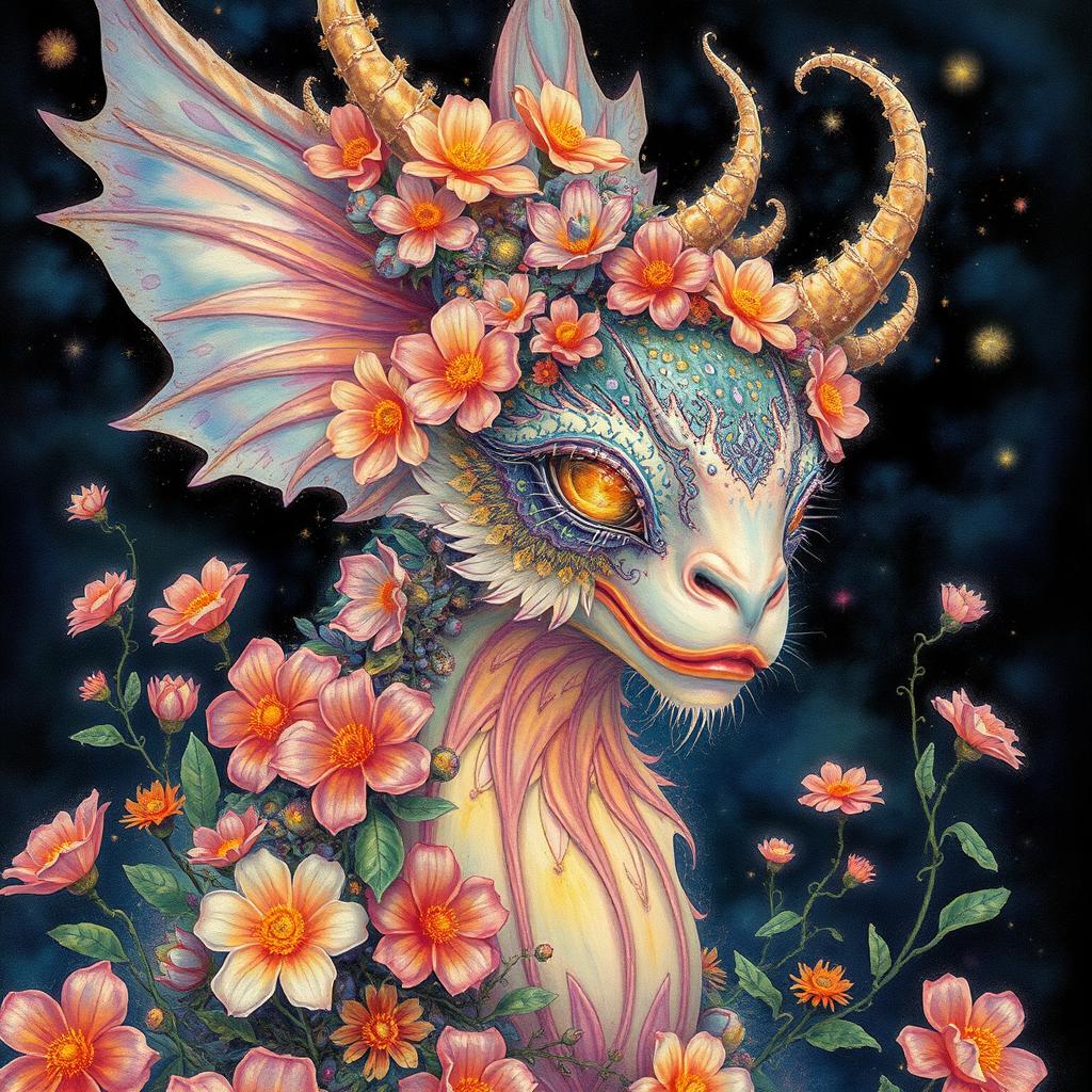 A magnificent and bizarre creature that is unlike anything known to man, adorned with vibrant flowers