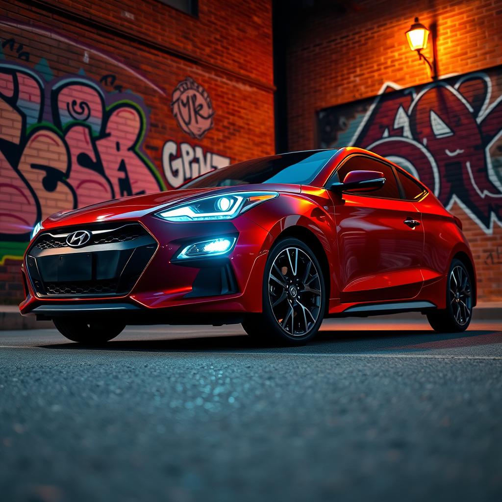 A sleek, modern Hyundai Coupe GK parked in a vibrant urban setting, showcasing its stylish curves and aerodynamic design
