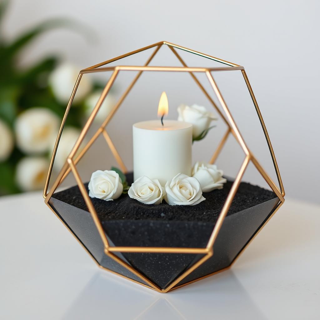 A beautifully arranged geometric shape with a base filled with black sand