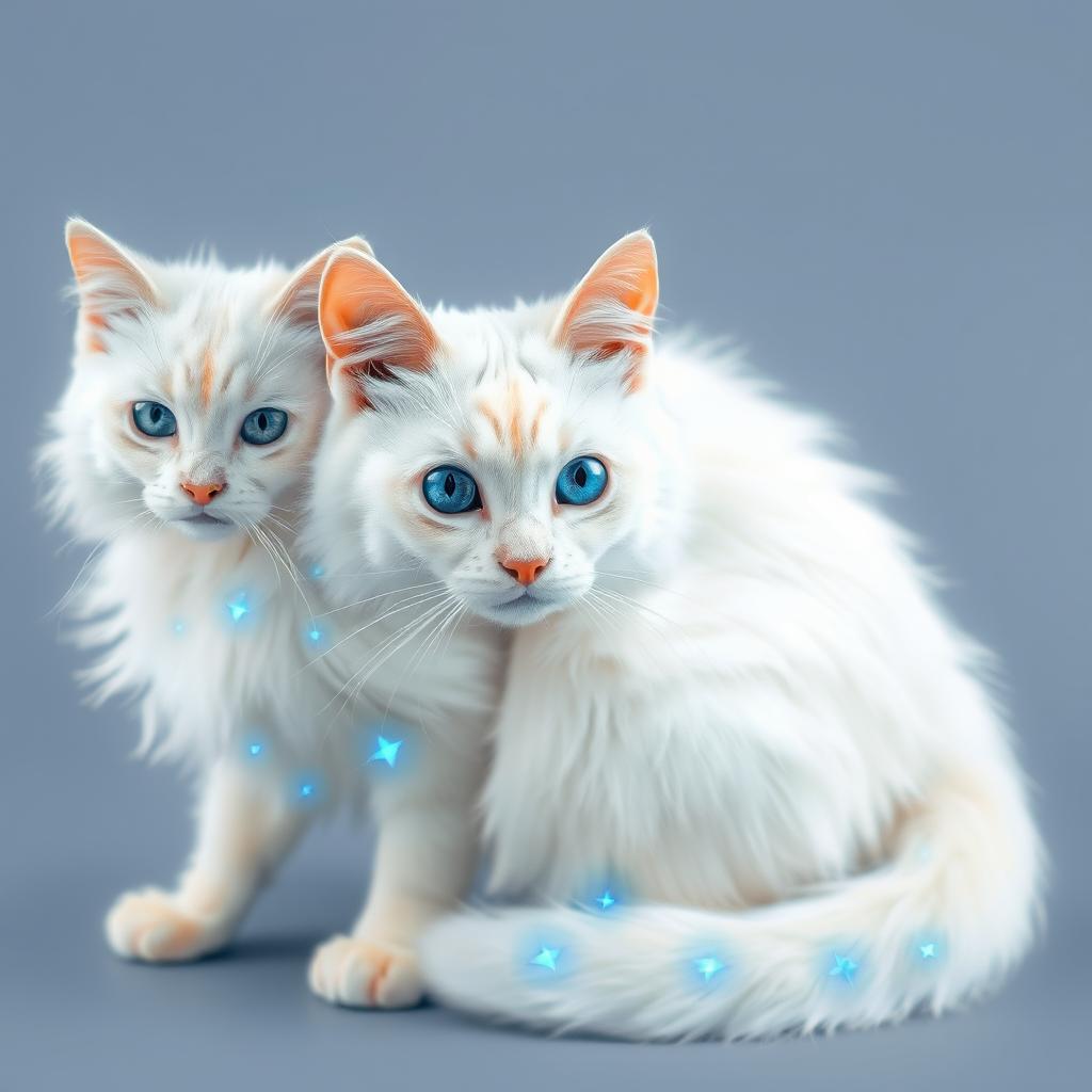 An elegant white cat with captivating blue celestial accents throughout its fur and tail, maintaining its original graceful posture