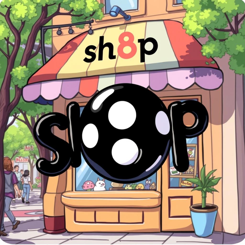 A playful and whimsical illustration of a shop sign with the word 'sh8p'