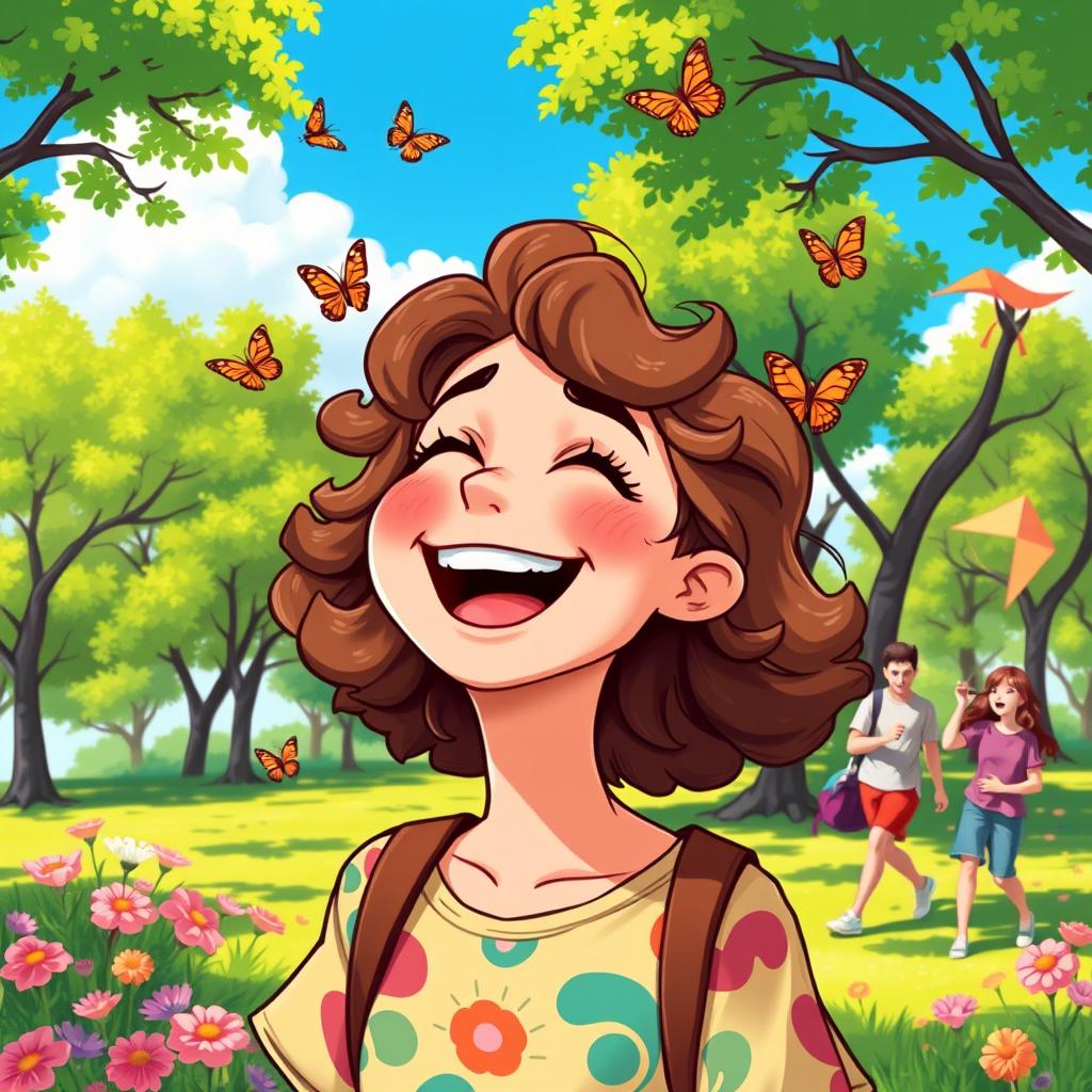 A whimsical and colorful illustration of a person laughing joyfully in a sunny park