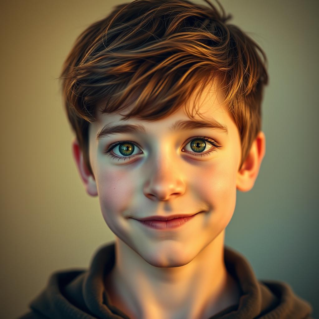 A portrait of an eighteen-year-old boy with short, ruffled dark blond hair