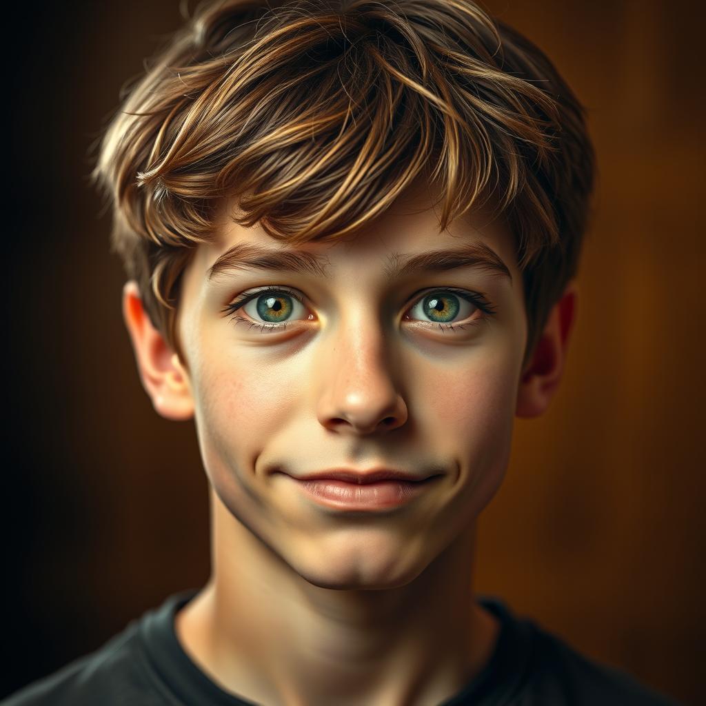 A portrait of a twenty-year-old boy with short, ruffled dark blond hair