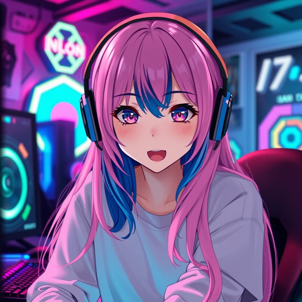 A girl with long pink hair featuring dark blue highlights, styled in a trendy way that embodies the anime gamer aesthetic