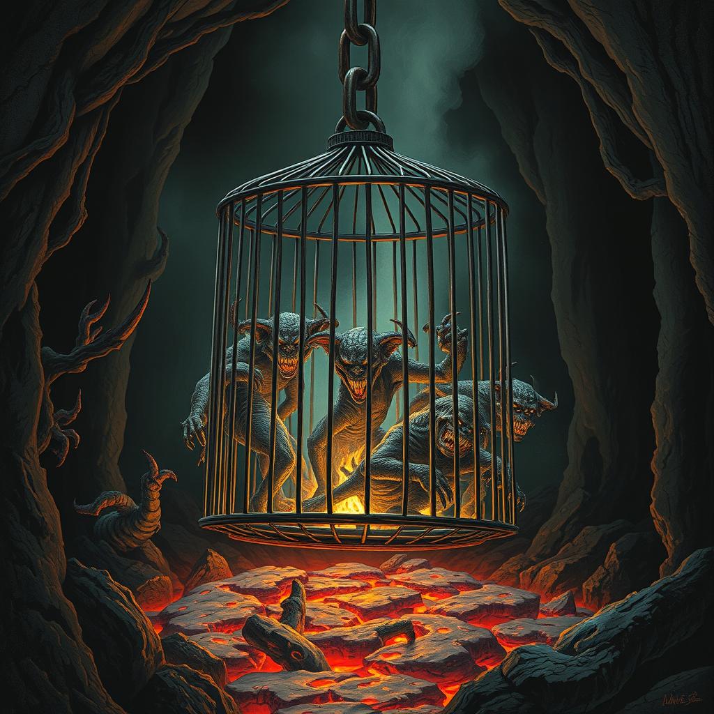 An iron cage filled with hideous and evil squirming demonic goblins, ominously hanging from a thick, weighty chain above a bubbling pool of molten lava