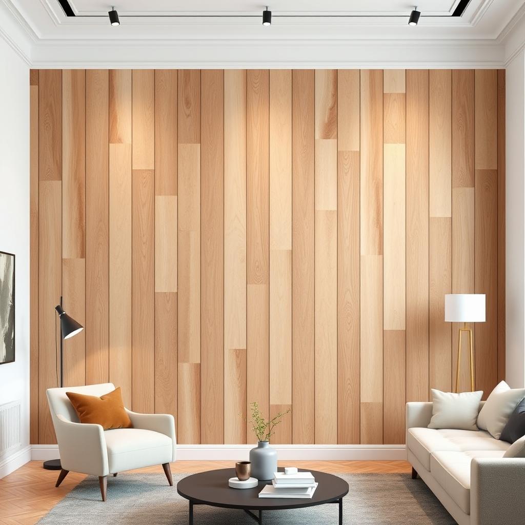 A beautifully designed interior space where a white wall is transformed to mimic an elegant oak wood strip facade