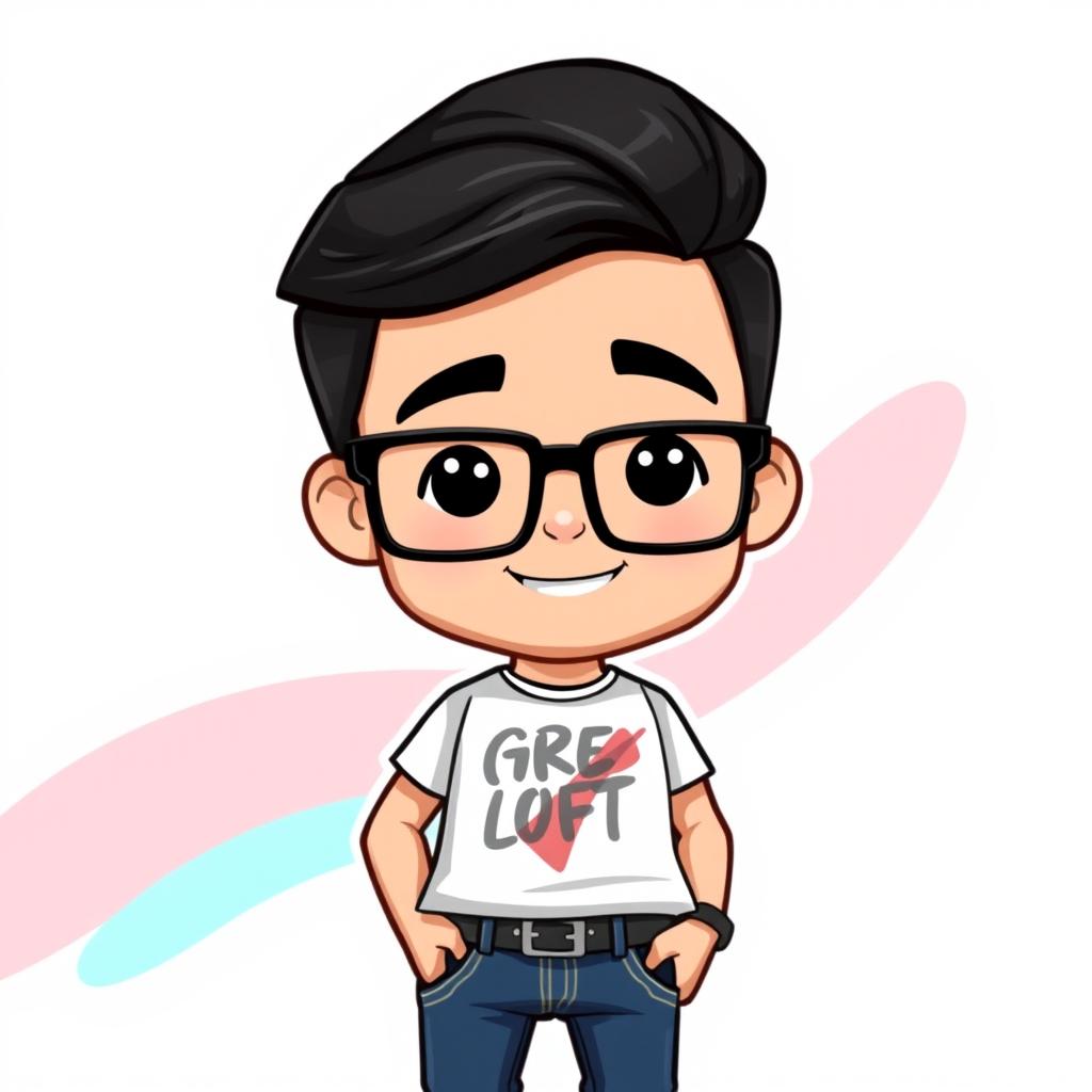 A cartoon character resembling a Bitmoji, featuring a man with sleek black hair styled smoothly and wearing stylish rectangular glasses
