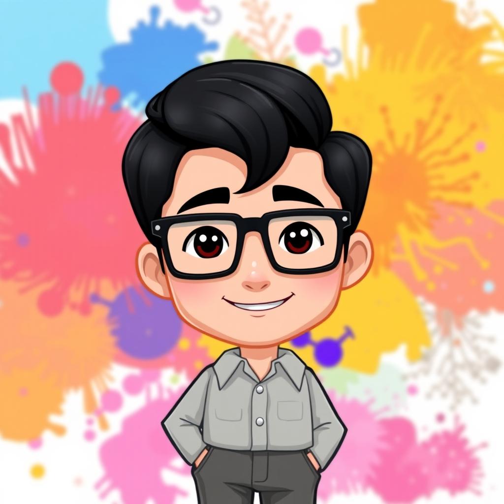 A cartoon character designed in the style of a Bitmoji, representing an adult man with jet black hair styled in a contemporary cut, wearing sophisticated rectangular glasses