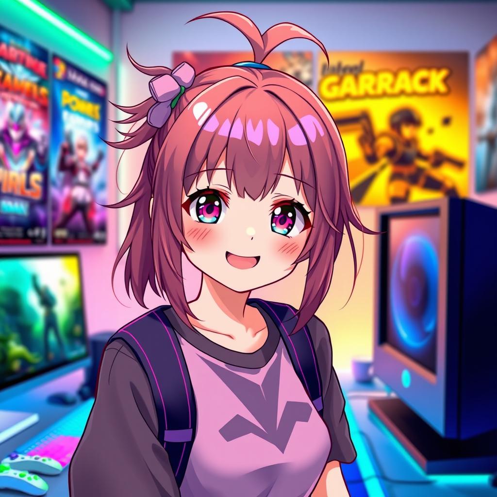 A cute girl with her hair styled in a playful ponytail, embodying the charming anime gamer aesthetic