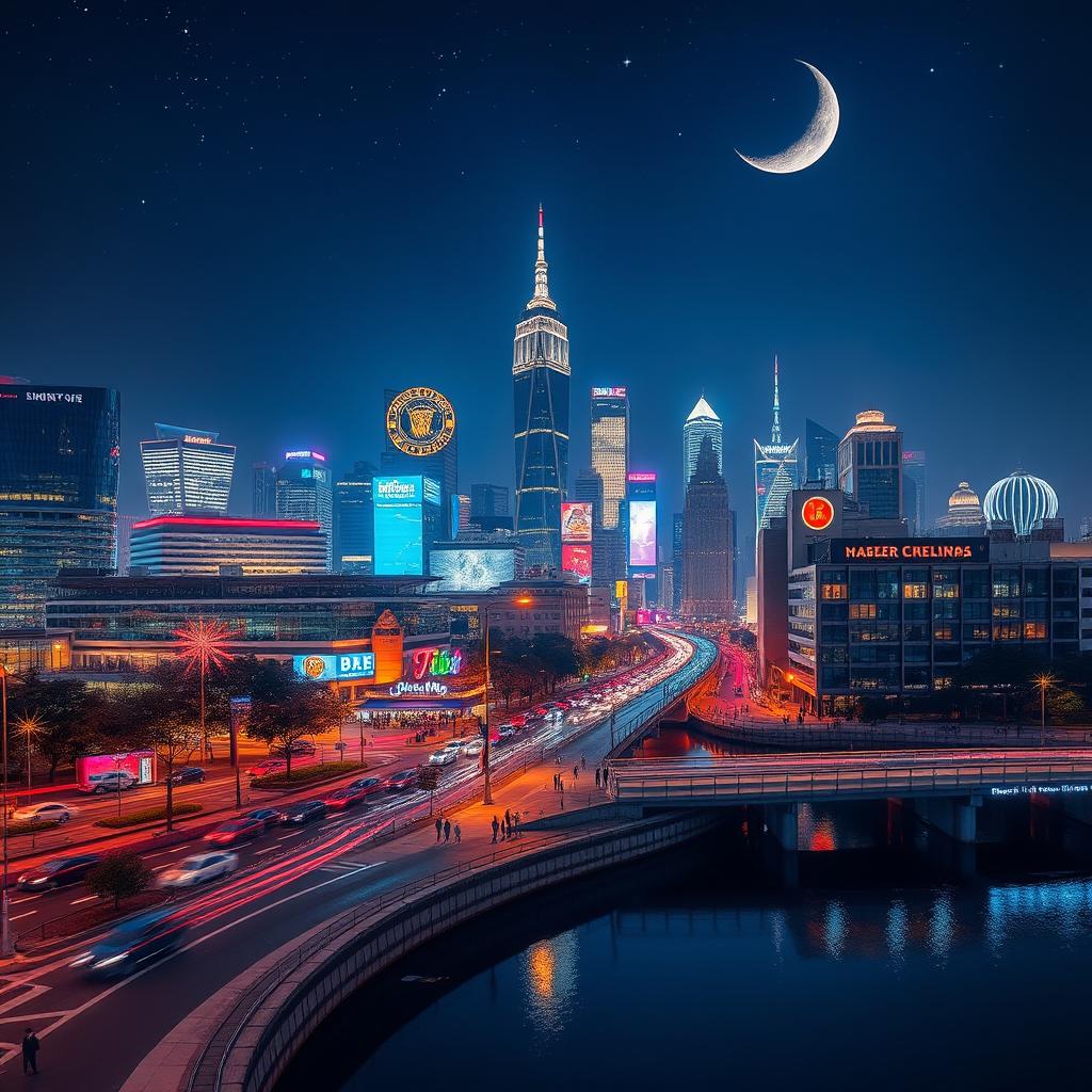 A stunning night urban landscape featuring a skyline illuminated by vibrant city lights