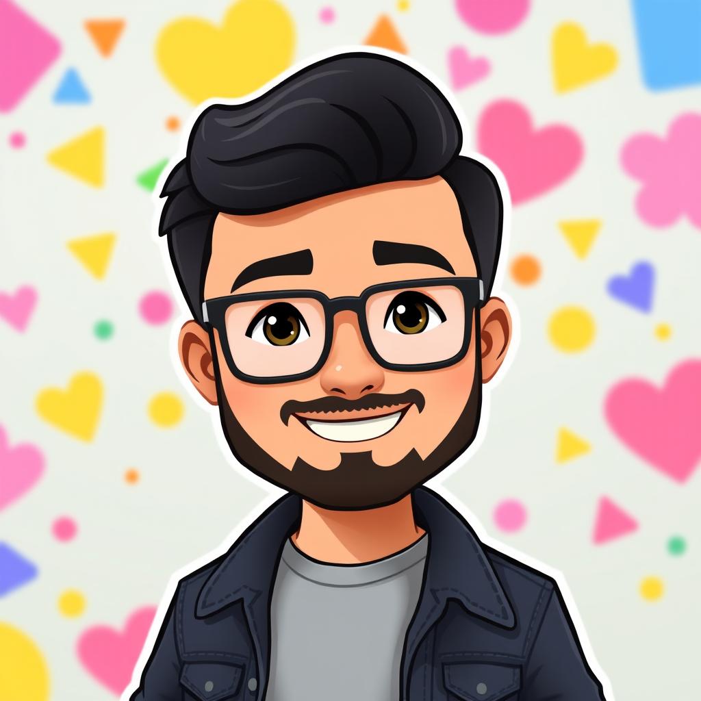 A cartoon character styled as a Bitmoji, representing an adult man with short black hair and a neat, small beard