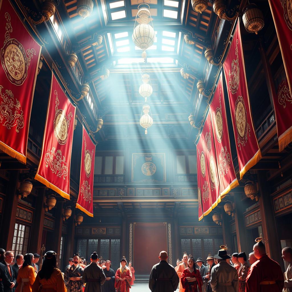 A grand hall from the Goryeo-era in Korea, adorned with vibrant silk banners and intricate golden ornaments
