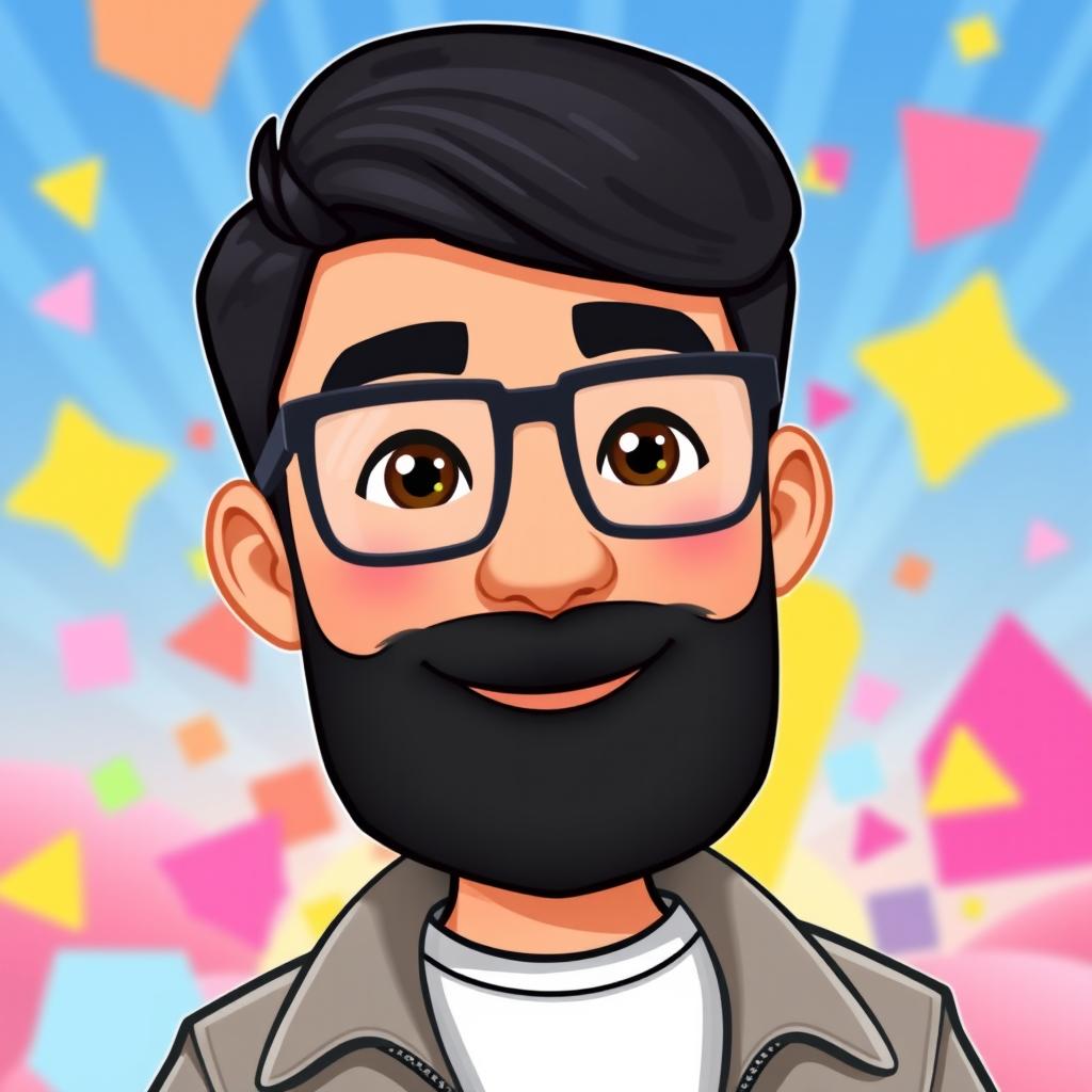 A cartoon character styled as a Bitmoji, depicting an adult man with sleek black hair and a very short, small beard confined only under his mouth, giving him a distinct look