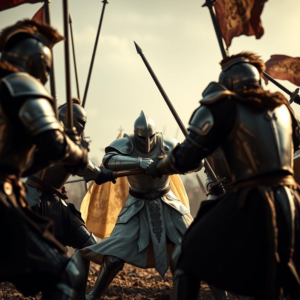 A realistic scene depicting a heroic white knight engaged in battle, valiantly fighting against five formidable black knights