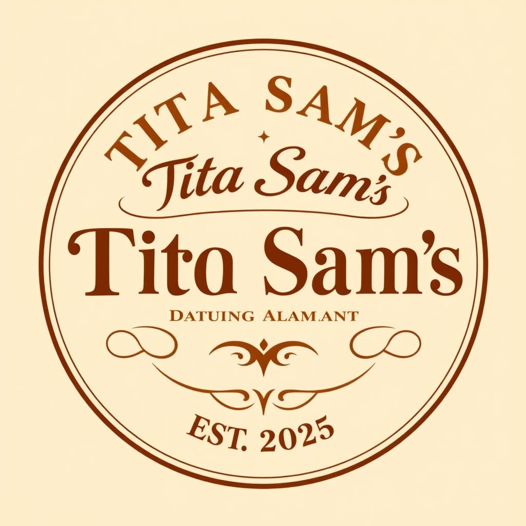 A classic logo design featuring the name "Tita Sam's D'best Bagoong Alamang" in a prominent and elegant vintage font, with the text "EST 2025" positioned underneath in a smaller size
