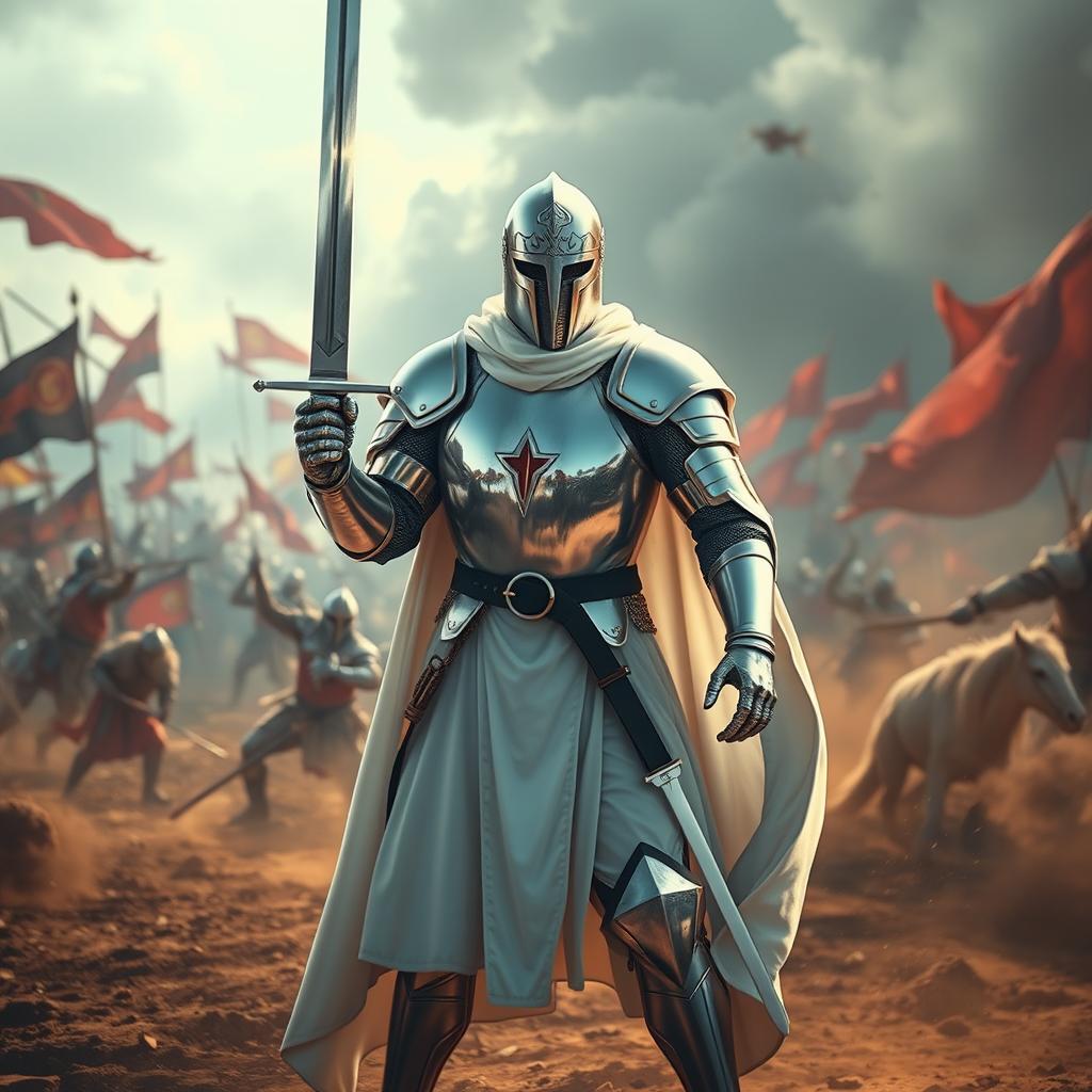 A valiant white knight standing alone in a dramatic battlefield, wielding a shining sword