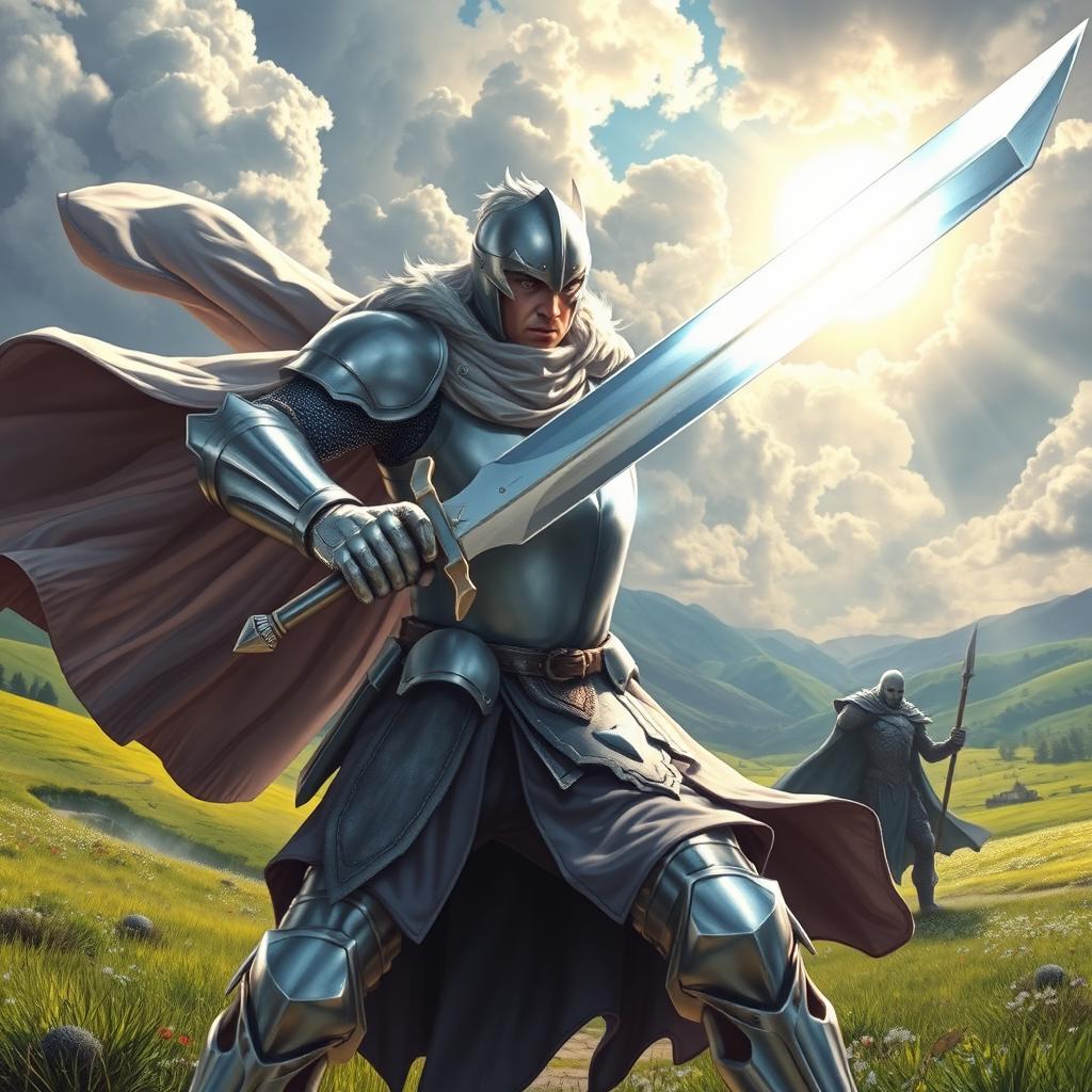 A valiant white knight wielding a shining sword, engaged in an epic battle scene
