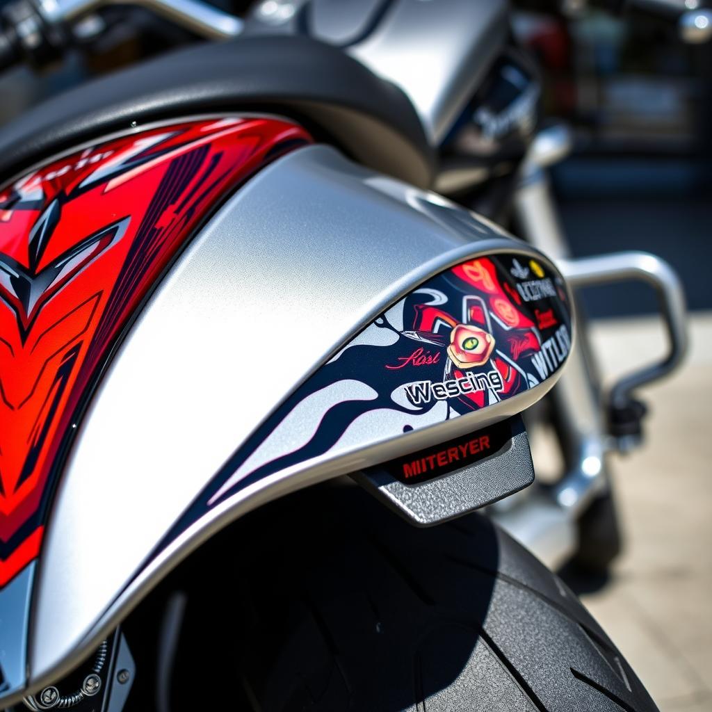 A detailed close-up view of a modern motorcycle with a sleek design, showcasing its sporty back fender