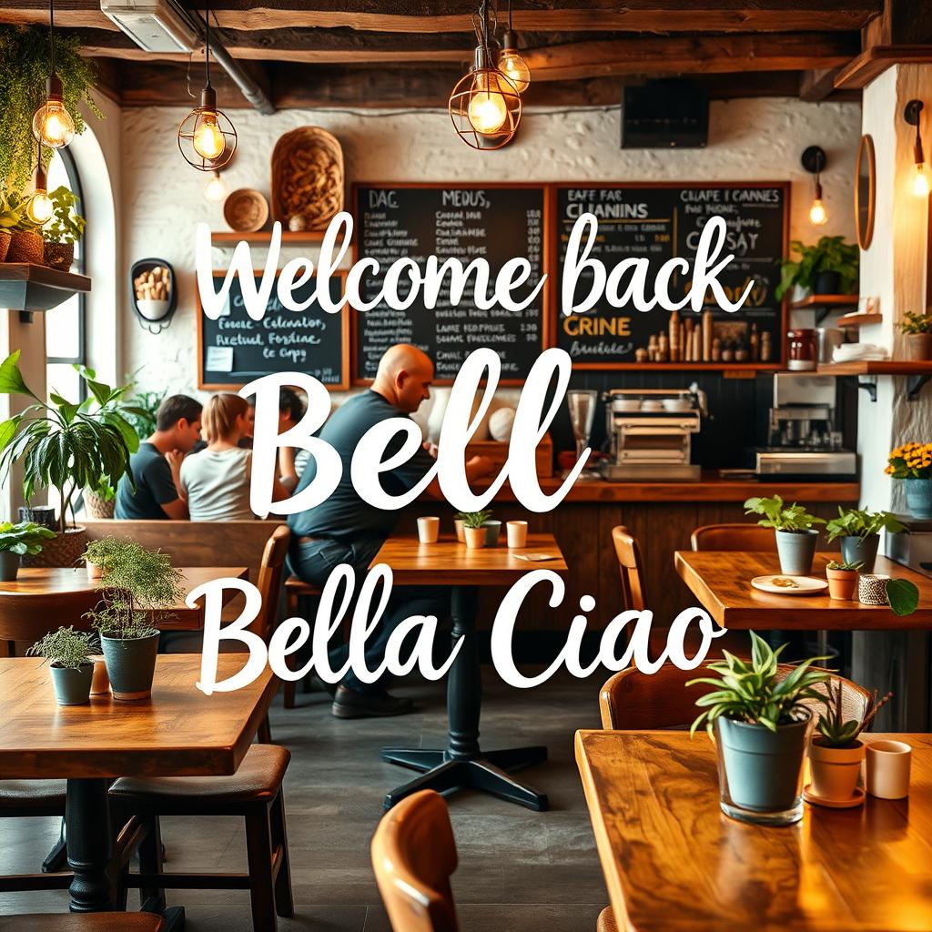 A warm, inviting scene featuring the text 'Welcome back Bella Ciao' artistically integrated into the environment