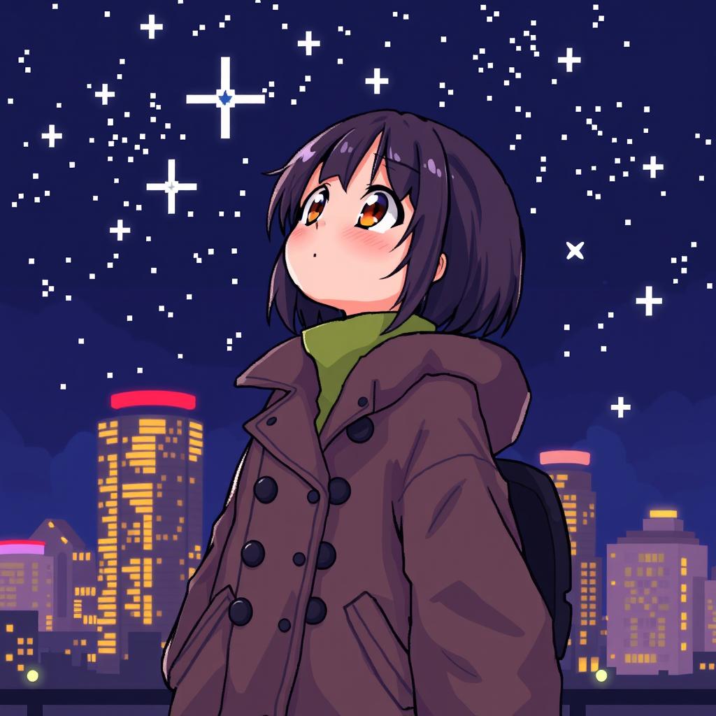 An anime girl standing outside at night, wearing a stylish oversized coat, designed in the pixel art style