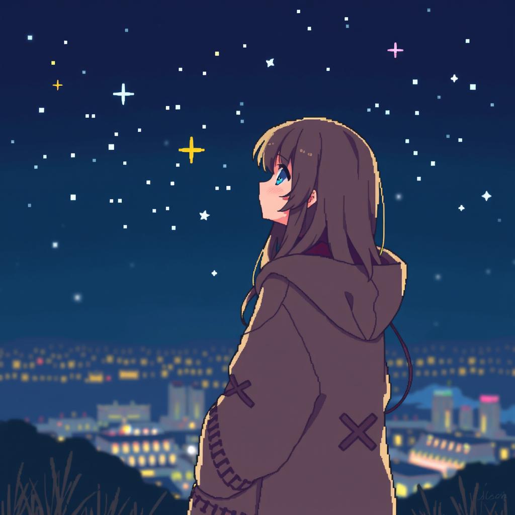 An anime girl with long hair, standing outside at night, wearing a cozy oversized coat, created in a pixel art style