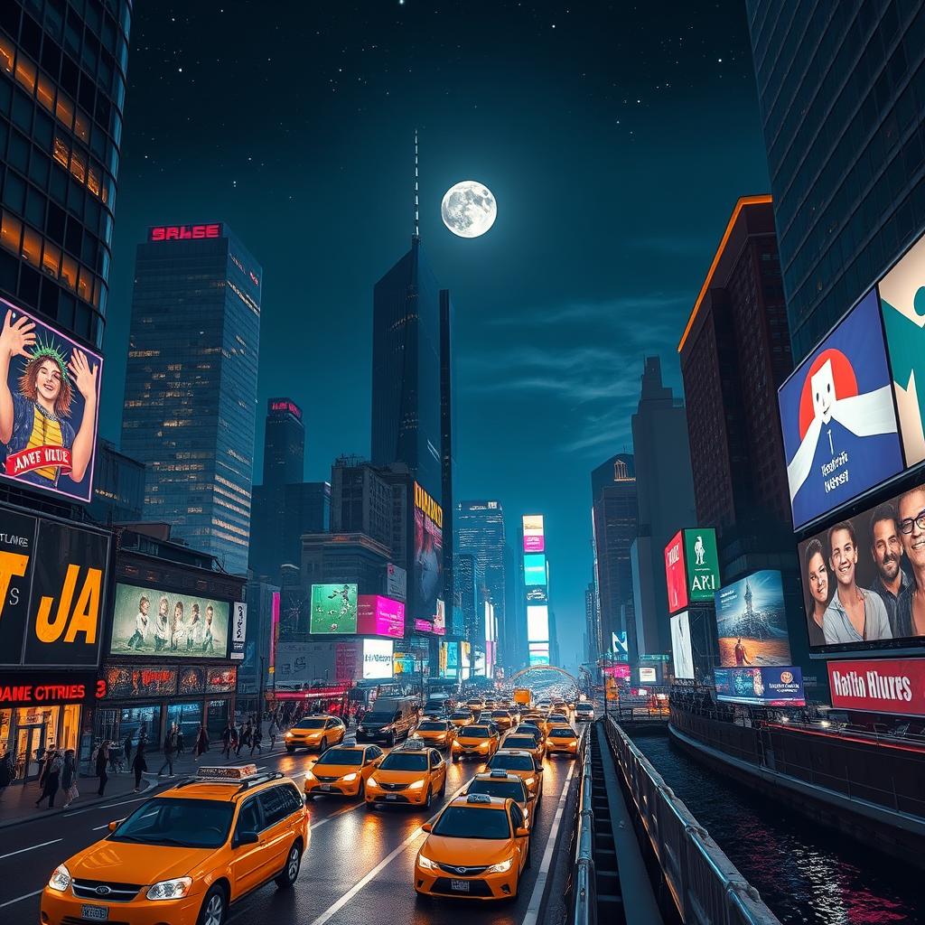 A highly realistic night urban landscape reminiscent of a bustling American city