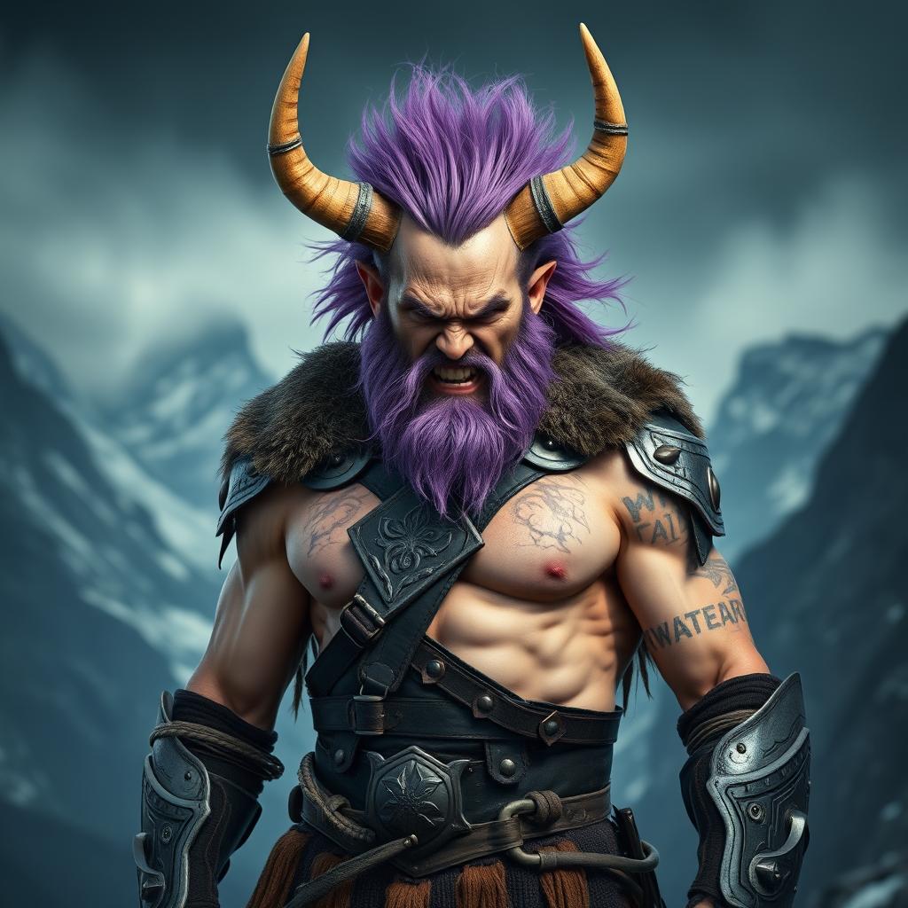 A full-body shot of a fierce armored Nordic viking warrior beast man, clad in skimpy yet powerful armor that emphasizes his formidable physique