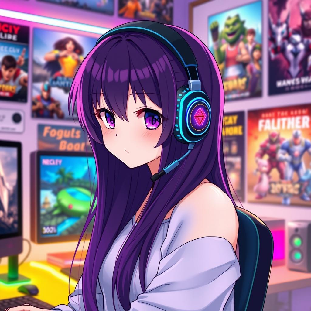 An anime girl with long, dark purple hair, styled elegantly, embodies the essence of a passionate gamer
